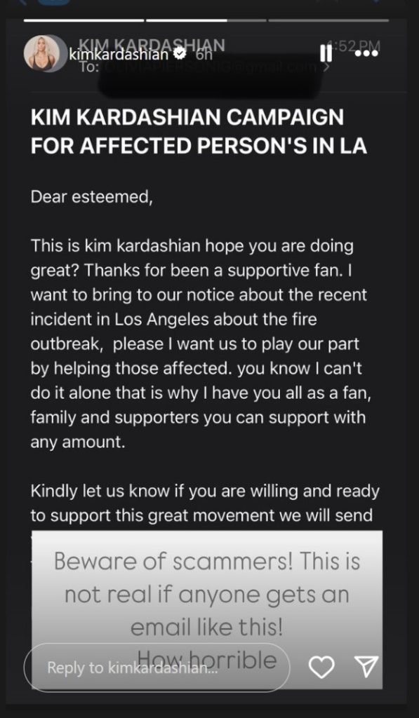 Kim Kardashian Warns Fans Against Wldfire Scammers