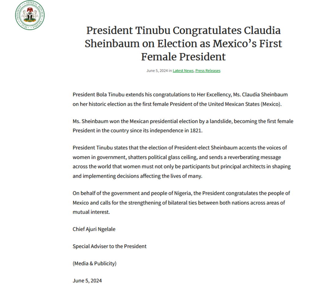 Tinubu Congratulates Mexico's First Female President, Sheinbaum