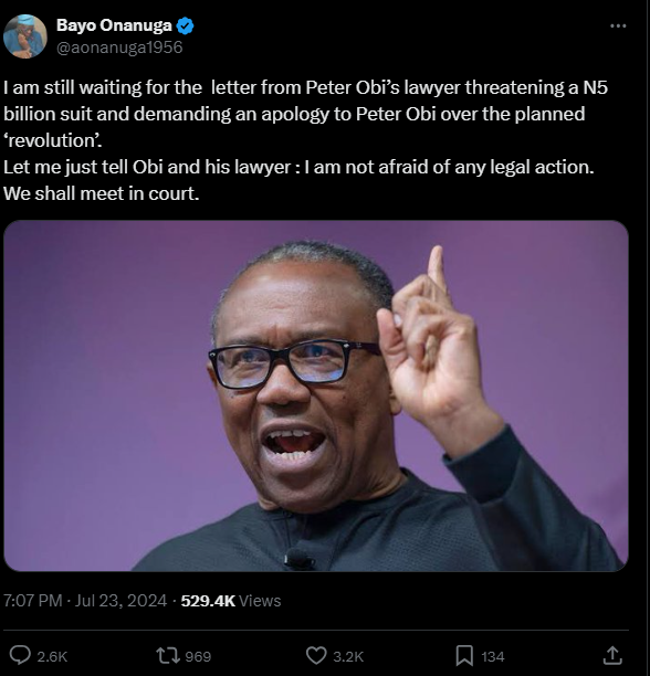 N5 Billion Lawsuit: Onanuga Replies Peter Obi