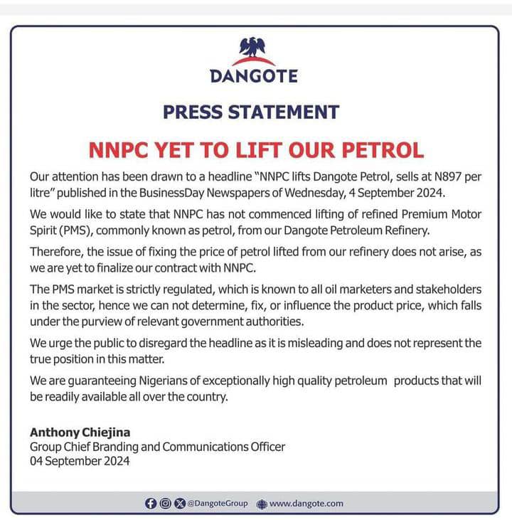 Dangote Refinery Dismisses Claims of NNPC Petrol Lift at ₦897/litre