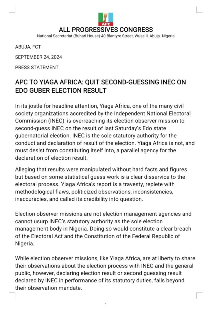 APC Condemns YIAGA Africa's Report On Edo Poll, Cites Political Bias