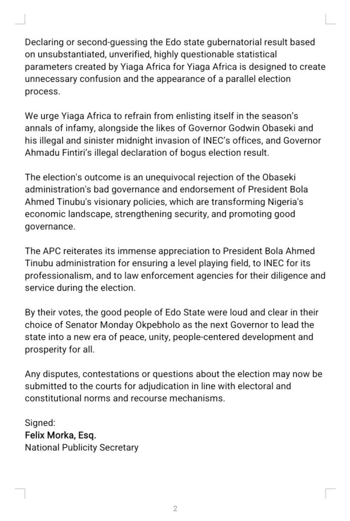 APC Condemns YIAGA Africa's Report On Edo Poll, Cites Political Bias