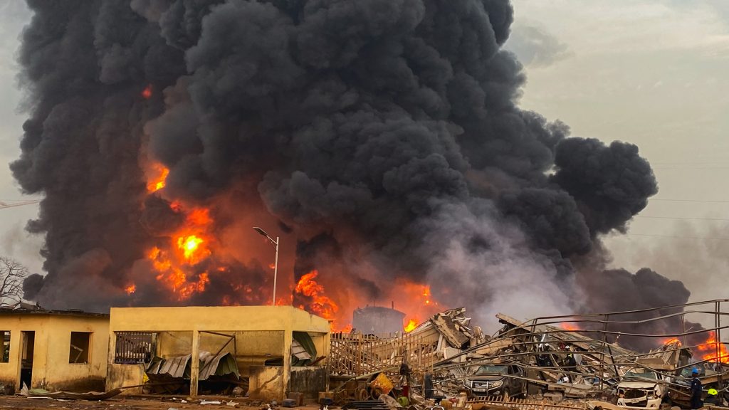 Fire burns after a blast at an oil terminal in Conakry, Guinea (News Central TV)