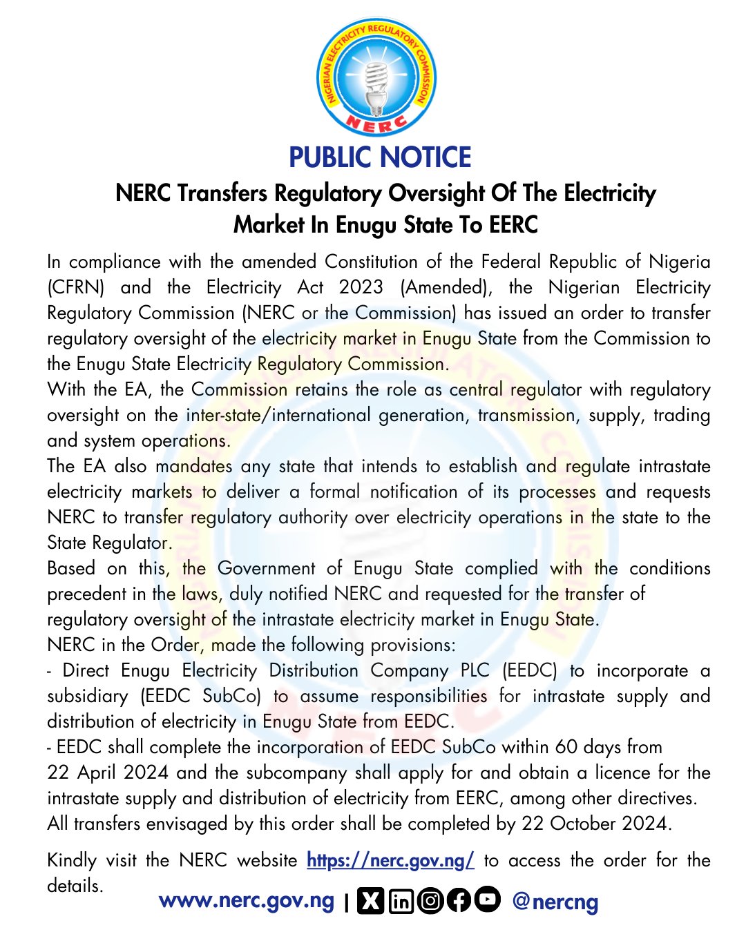 NERC Transfers Regulatory Oversight to Enugu Electricity