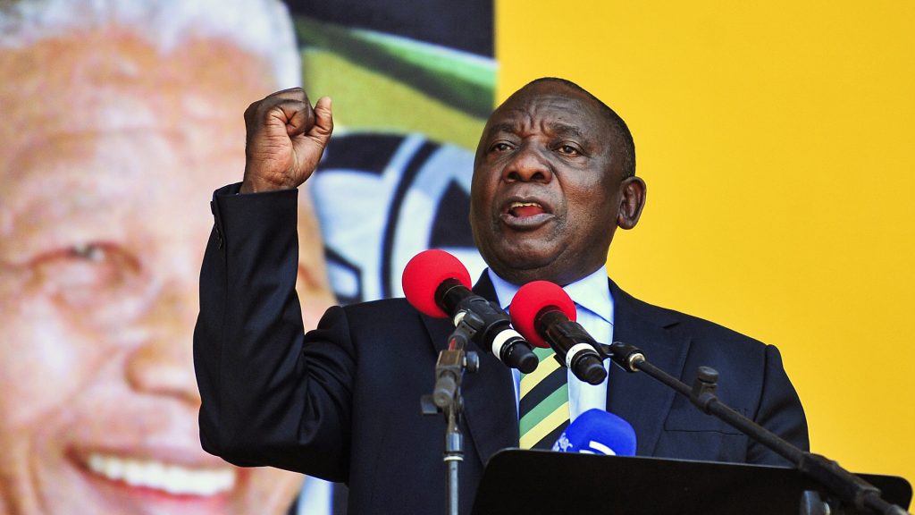 Cyril Ramaphosa seen delivering a speech Sunday at the Grand Parade in Cape Town, South Africa, before he was elected president.
