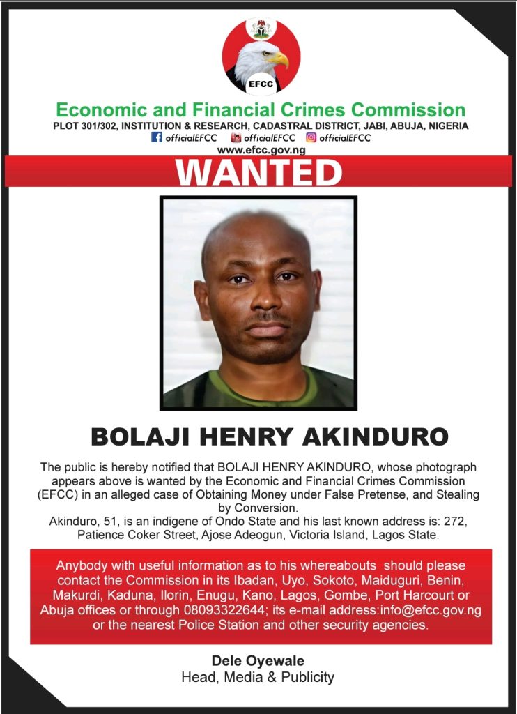 Bolaji Henry Akinduro wanted by the EFCC for Fraud