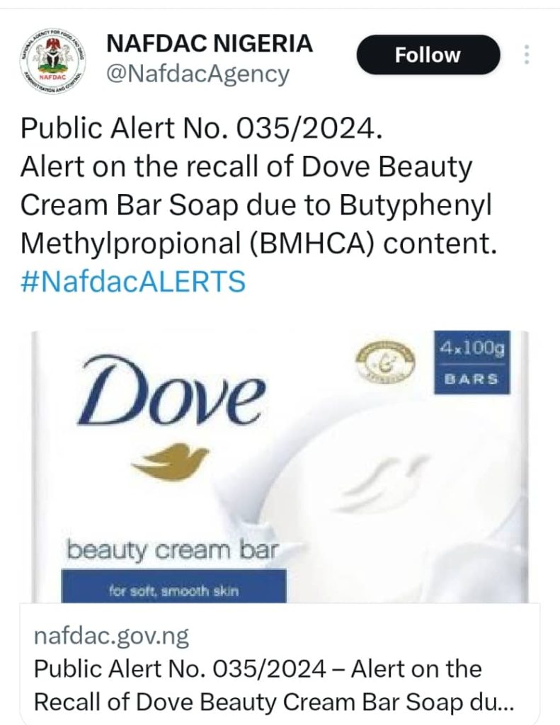 Safety Concerns Prompt NAFDAC Dove Soap Recall