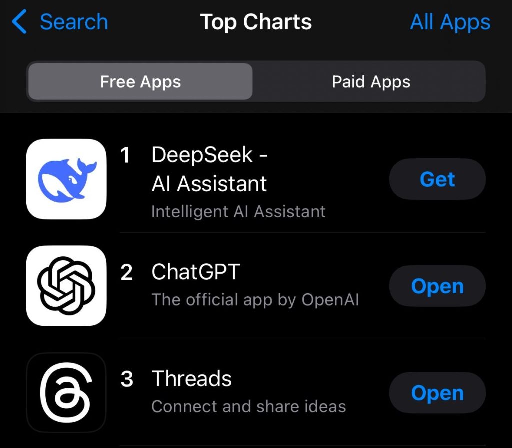 DeepSeek Takes Over Top Spot from ChatGPT in App Charts